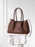 Handwoven Lambskin Leather Brown Tote Bag | Woven Soft Leather Handbag for Women | Luxury Designer Handbag with Top Handles & Crossbody Strap