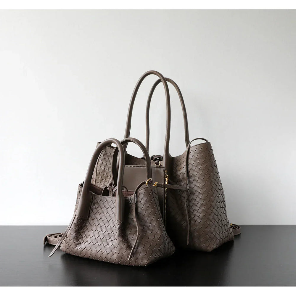 Handwoven Lambskin Leather Brown Tote Bag | Woven Soft Leather Handbag for Women | Luxury Designer Handbag with Top Handles & Crossbody Strap