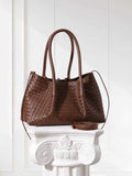 Handwoven Lambskin Leather Brown Tote Bag | Woven Soft Leather Handbag for Women | Luxury Designer Handbag with Top Handles & Crossbody Strap