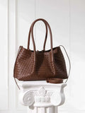 Handwoven Lambskin Leather Brown Tote Bag | Woven Soft Leather Handbag for Women | Luxury Designer Handbag with Top Handles & Crossbody Strap