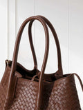 Handwoven Lambskin Leather Brown Tote Bag | Woven Soft Leather Handbag for Women | Luxury Designer Handbag with Top Handles & Crossbody Strap