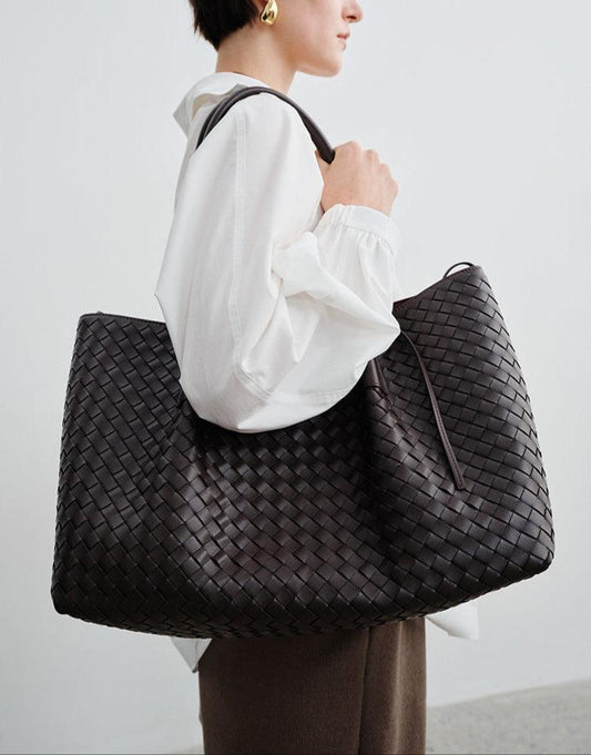 Handwoven Lambskin Leather Tote Bag | Woven Shoulder Bag for Women | Luxury Designer Handbag with Top Handles & Crossbody Strap