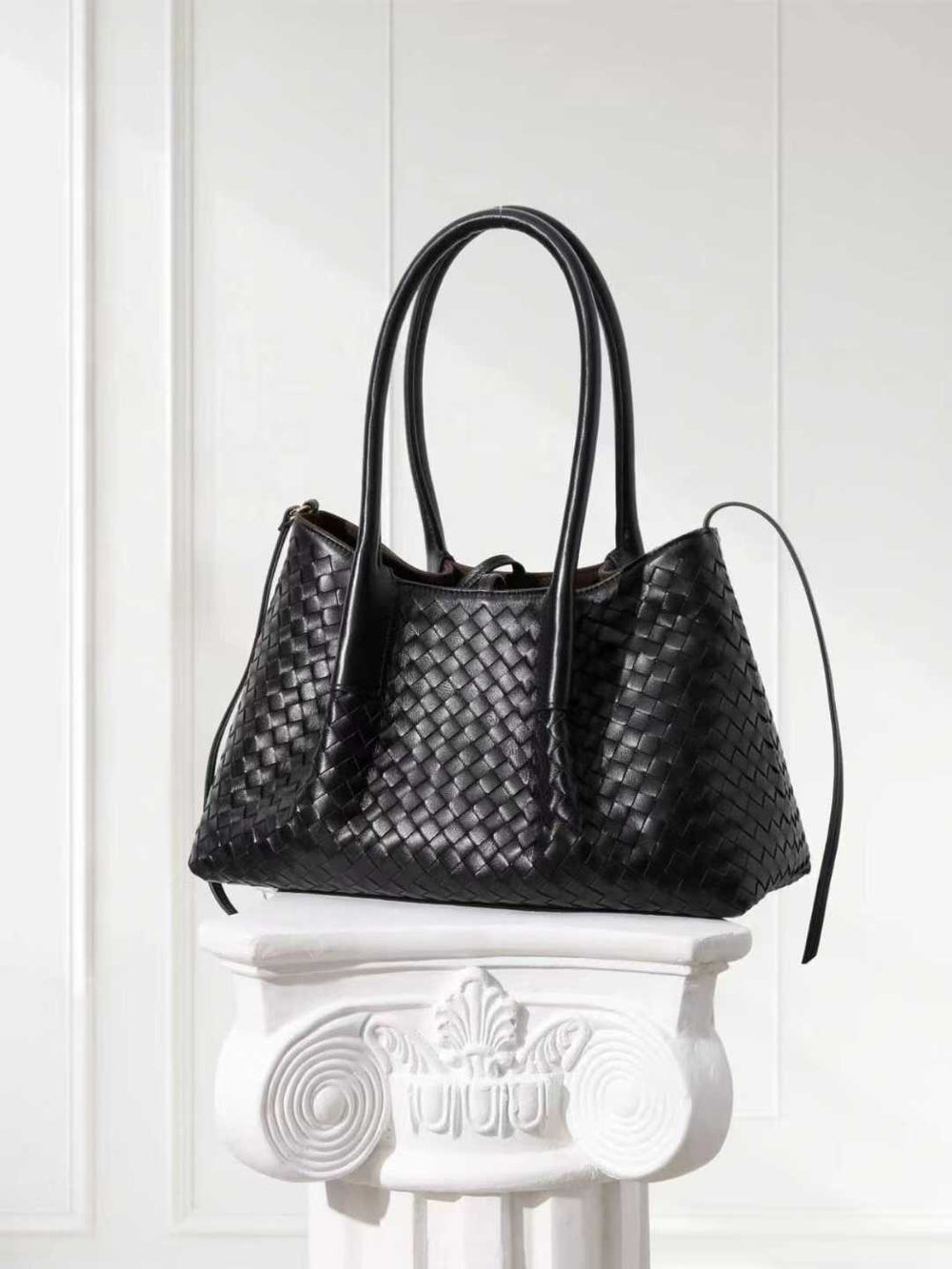 Handwoven Lambskin Leather Brown Tote Bag | Woven Soft Leather Handbag for Women | Luxury Designer Handbag with Top Handles & Crossbody Strap