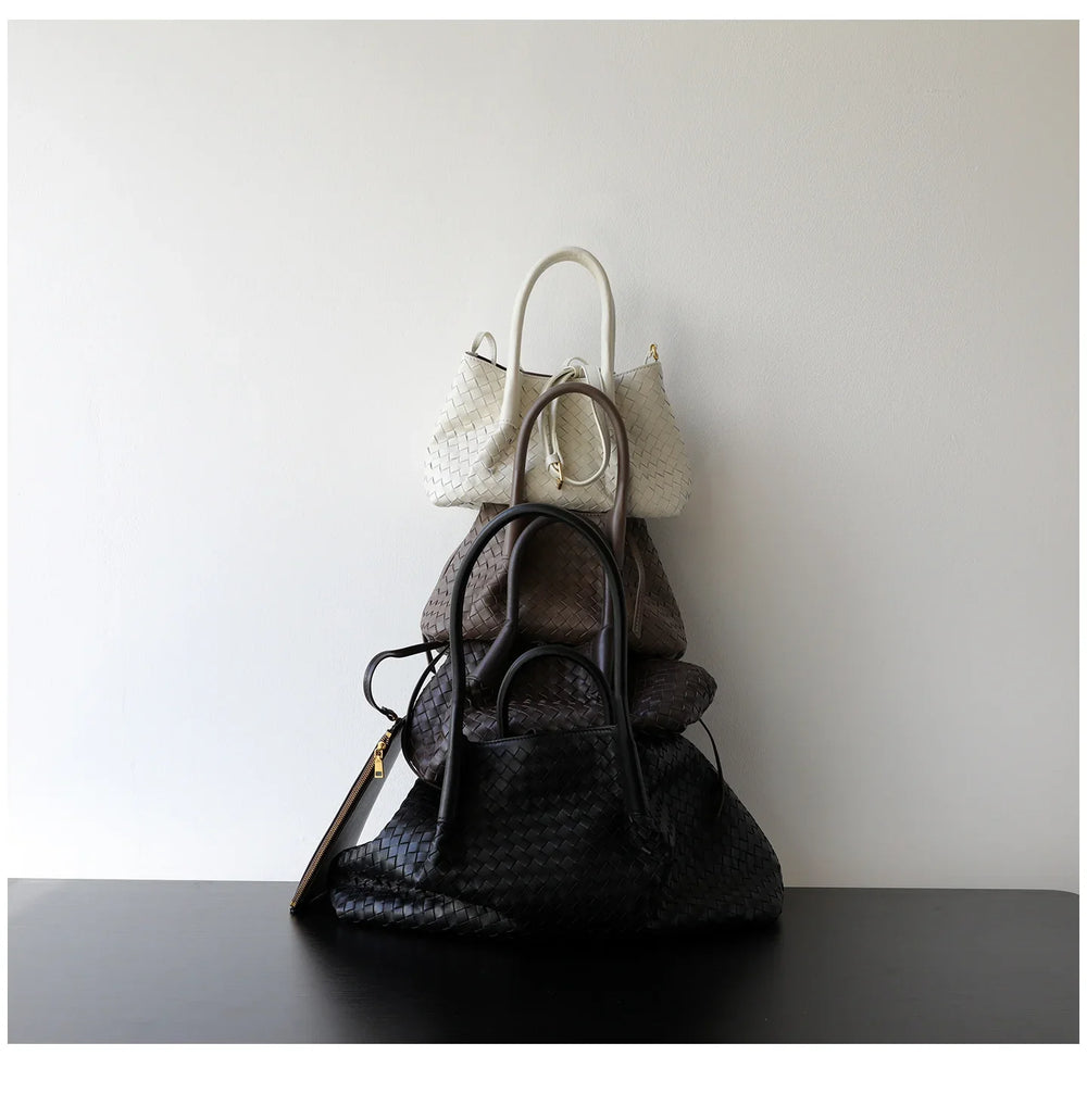 Handwoven Lambskin Leather Brown Tote Bag | Woven Soft Leather Handbag for Women | Luxury Designer Handbag with Top Handles & Crossbody Strap