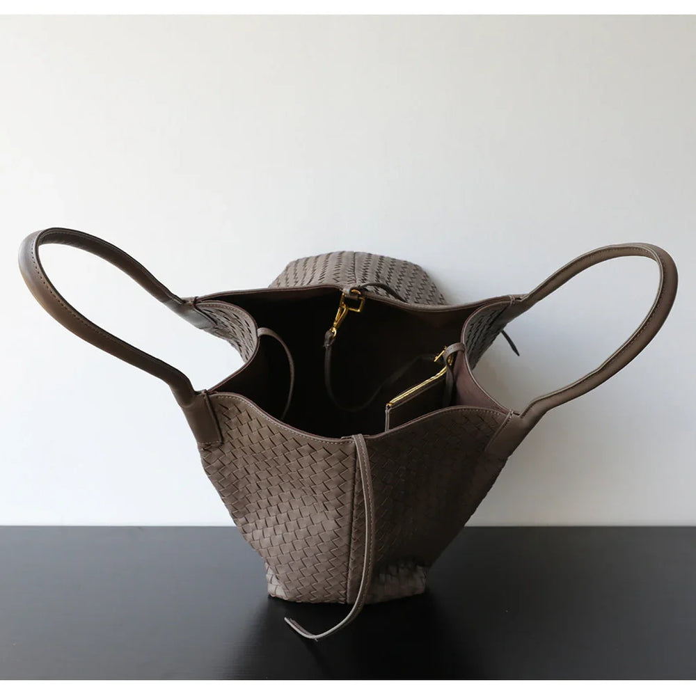Handwoven Lambskin Leather Brown Tote Bag | Woven Soft Leather Handbag for Women | Luxury Designer Handbag with Top Handles & Crossbody Strap
