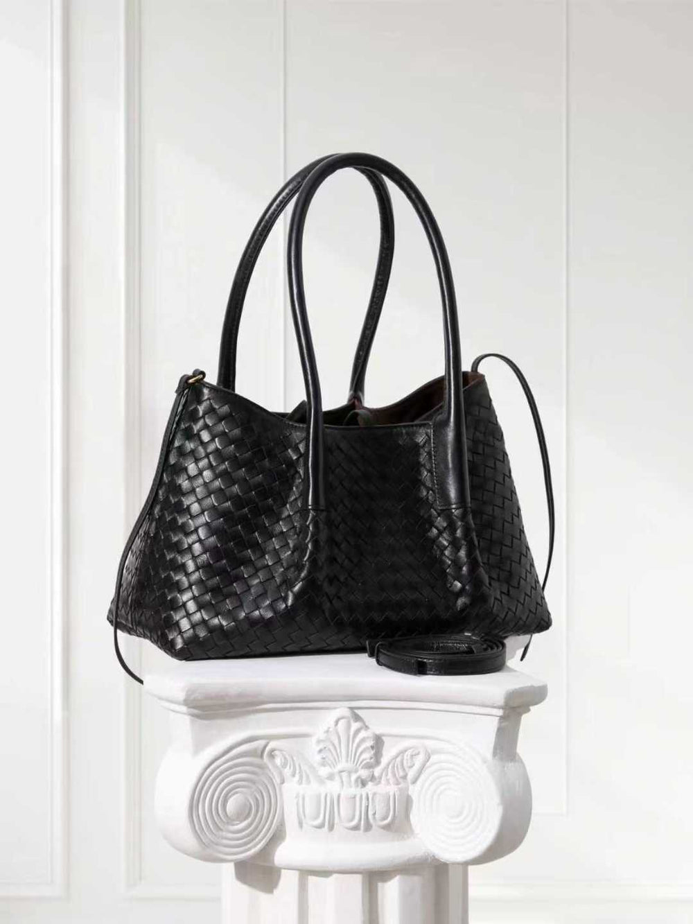 Handwoven Lambskin Leather Brown Tote Bag | Woven Soft Leather Handbag for Women | Luxury Designer Handbag with Top Handles & Crossbody Strap