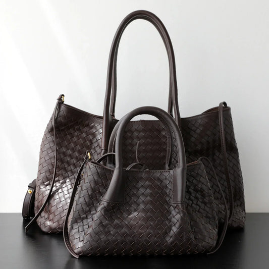 Handwoven Lambskin Leather Brown Tote Bag | Woven Soft Leather Handbag for Women | Luxury Designer Handbag with Top Handles & Crossbody Strap
