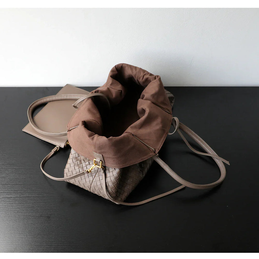 Handwoven Lambskin Leather Brown Tote Bag | Woven Soft Leather Handbag for Women | Luxury Designer Handbag with Top Handles & Crossbody Strap