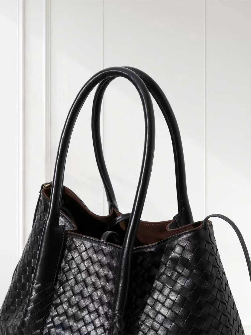 Handwoven Lambskin Leather Brown Tote Bag | Woven Soft Leather Handbag for Women | Luxury Designer Handbag with Top Handles & Crossbody Strap
