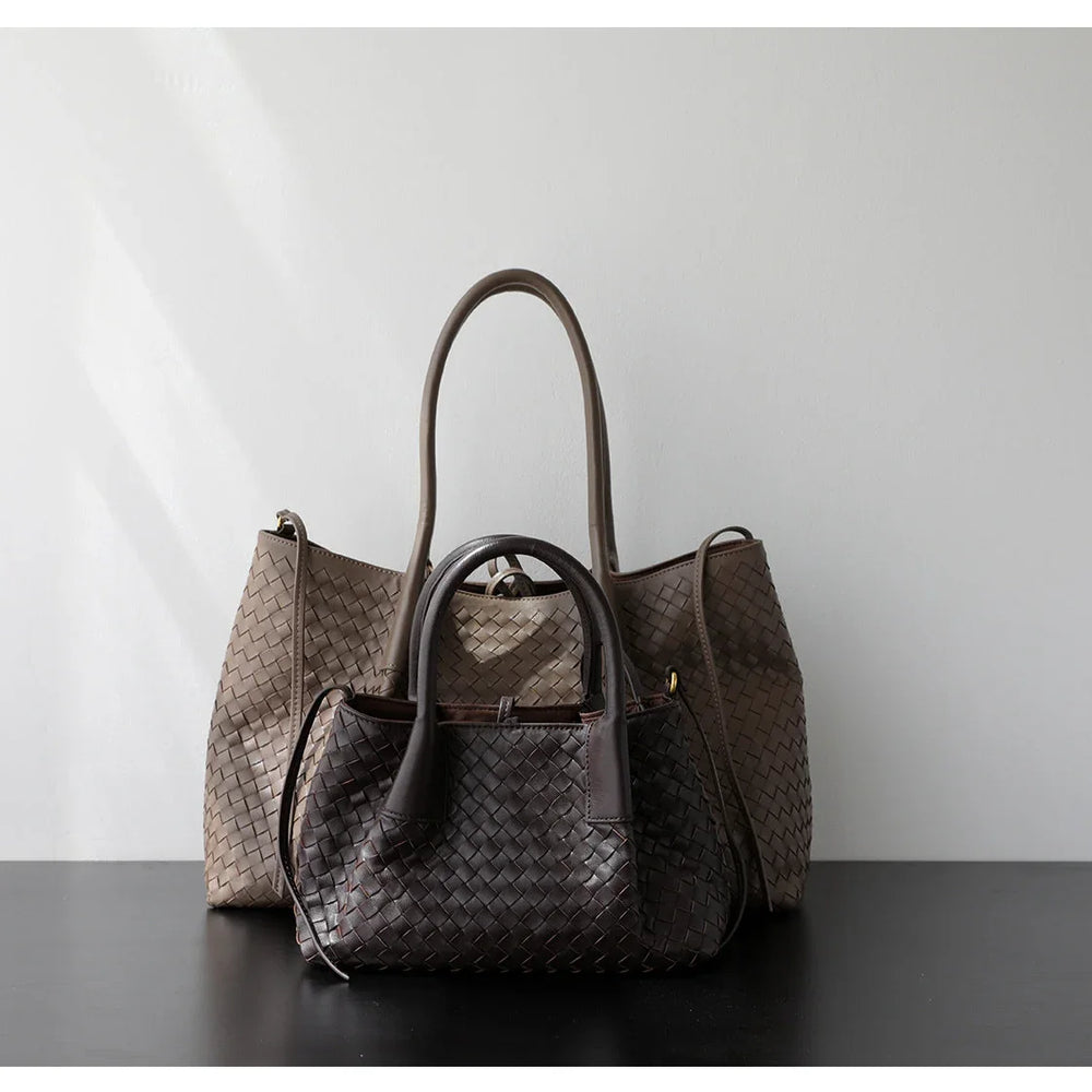 Handwoven Lambskin Leather Brown Tote Bag | Woven Soft Leather Handbag for Women | Luxury Designer Handbag with Top Handles & Crossbody Strap