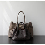 Handwoven Lambskin Leather Brown Tote Bag | Woven Soft Leather Handbag for Women | Luxury Designer Handbag with Top Handles & Crossbody Strap