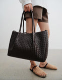 Handwoven Lambskin Leather Brown Tote Bag | Woven Soft Leather Handbag for Women | Luxury Designer Handbag with Top Handles & Crossbody Strap