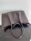 Handwoven Lambskin Leather Brown Tote Bag | Woven Soft Leather Handbag for Women | Luxury Designer Handbag with Top Handles & Crossbody Strap
