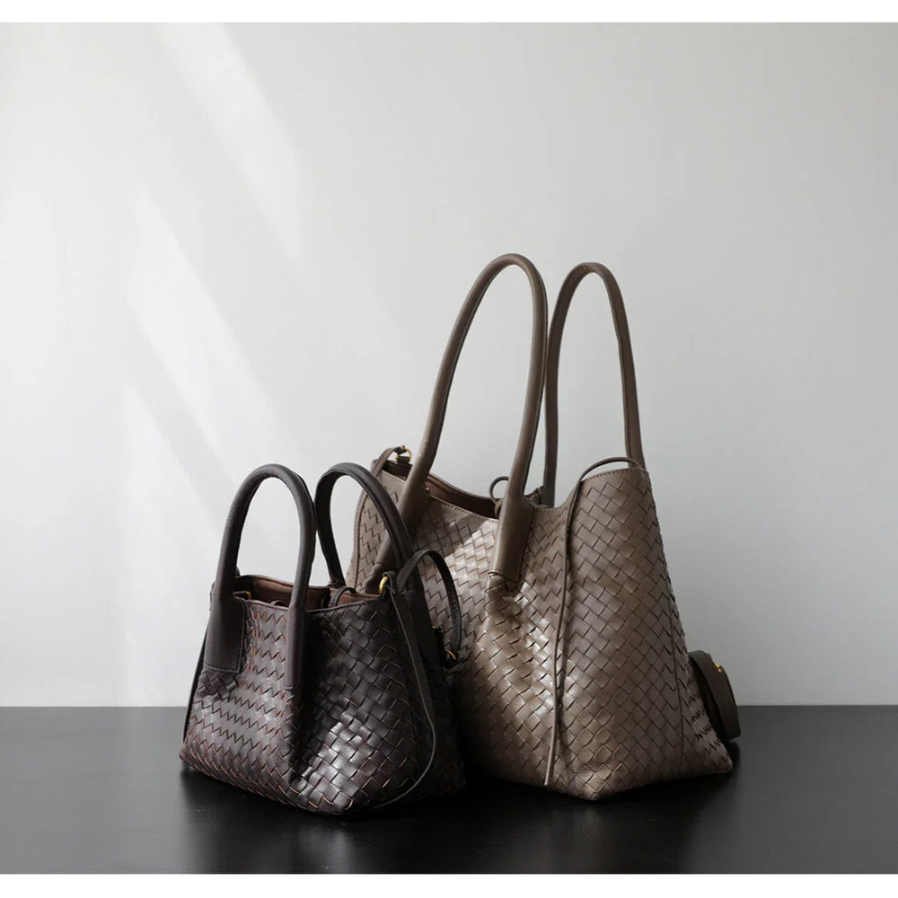 Handwoven Lambskin Leather Brown Tote Bag | Woven Soft Leather Handbag for Women | Luxury Designer Handbag with Top Handles & Crossbody Strap
