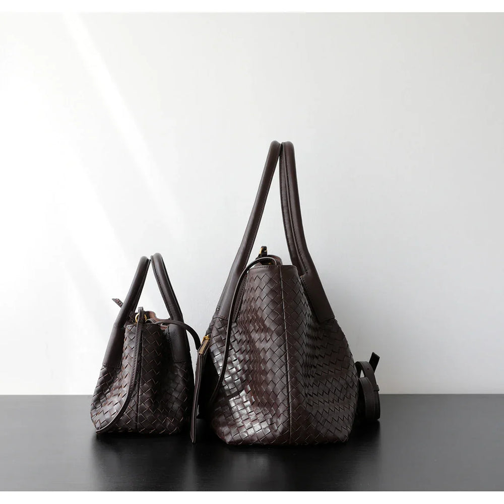 Handwoven Lambskin Leather Brown Tote Bag | Woven Soft Leather Handbag for Women | Luxury Designer Handbag with Top Handles & Crossbody Strap