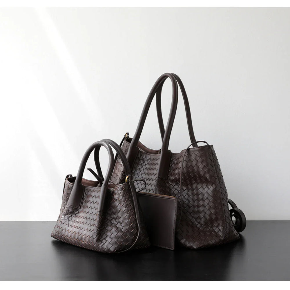 Handwoven Lambskin Leather Brown Tote Bag | Woven Soft Leather Handbag for Women | Luxury Designer Handbag with Top Handles & Crossbody Strap
