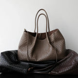 Handwoven Lambskin Leather Brown Tote Bag | Woven Soft Leather Handbag for Women | Luxury Designer Handbag with Top Handles & Crossbody Strap