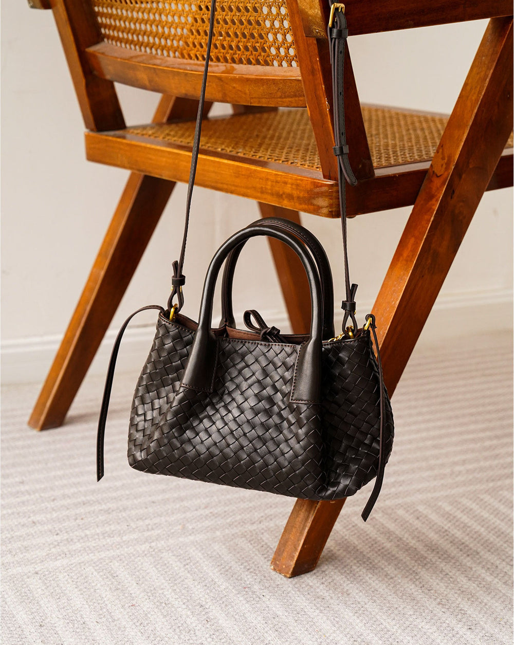 Handwoven Lambskin Leather Brown Tote Bag | Woven Soft Leather Handbag for Women | Luxury Designer Handbag with Top Handles & Crossbody Strap