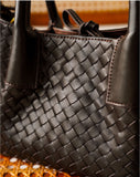 Handwoven Lambskin Leather Brown Tote Bag | Woven Soft Leather Handbag for Women | Luxury Designer Handbag with Top Handles & Crossbody Strap