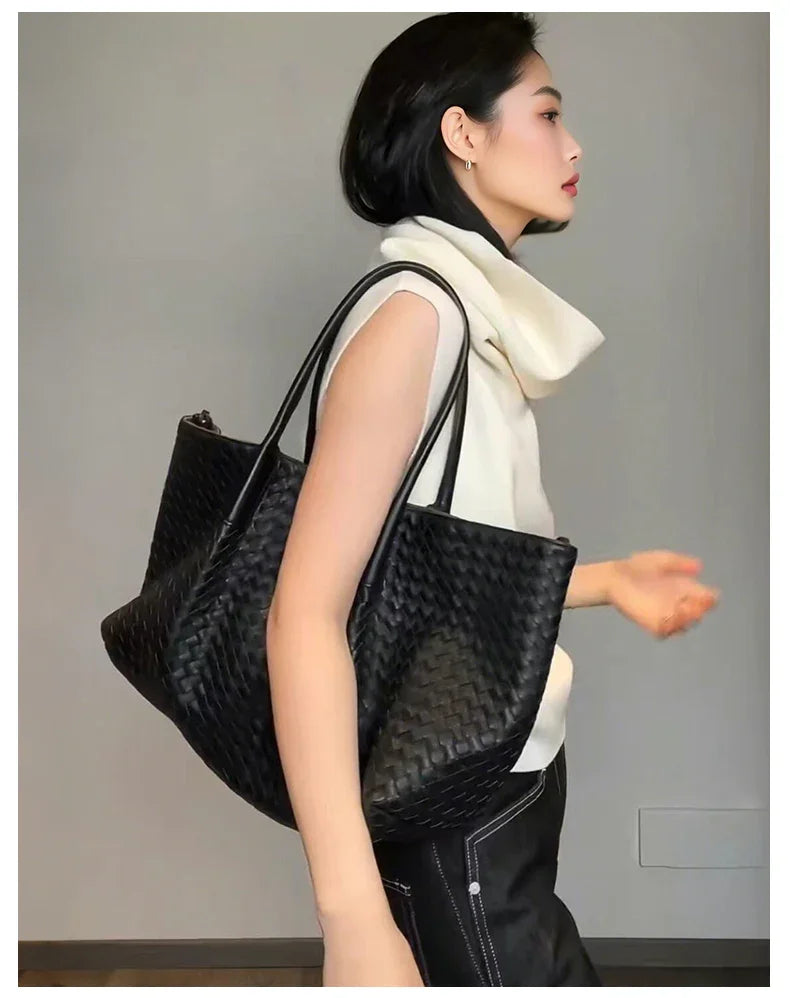 Handwoven Lambskin Leather Brown Tote Bag | Woven Soft Leather Handbag for Women | Luxury Designer Handbag with Top Handles & Crossbody Strap