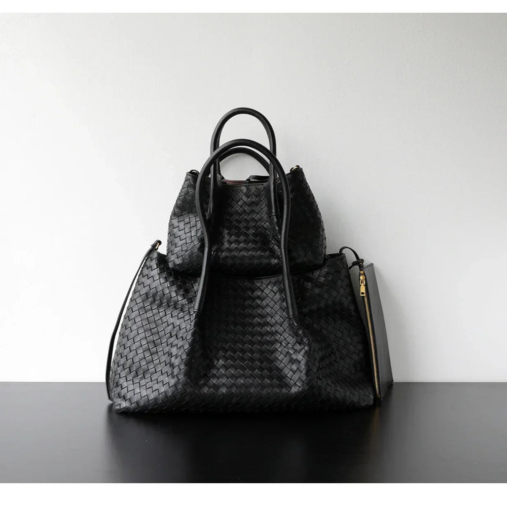 Handwoven Lambskin Leather Brown Tote Bag | Woven Soft Leather Handbag for Women | Luxury Designer Handbag with Top Handles & Crossbody Strap