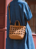 Handwoven Leather Checkerboard Tote Bag | Full Grain Cowhide Basket Crossbody