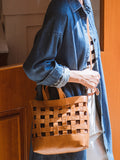 Handwoven Leather Checkerboard Tote Bag | Full Grain Cowhide Basket Crossbody