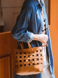 Handwoven Leather Checkerboard Tote Bag | Full Grain Cowhide Basket Crossbody