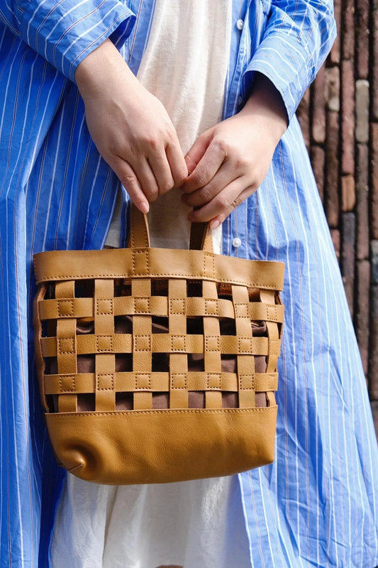 Handwoven Leather Checkerboard Tote Bag | Full Grain Cowhide Basket Crossbody