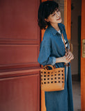 Handwoven Leather Checkerboard Tote Bag | Full Grain Cowhide Basket Crossbody