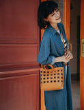 Handwoven Leather Checkerboard Tote Bag | Full Grain Cowhide Basket Crossbody