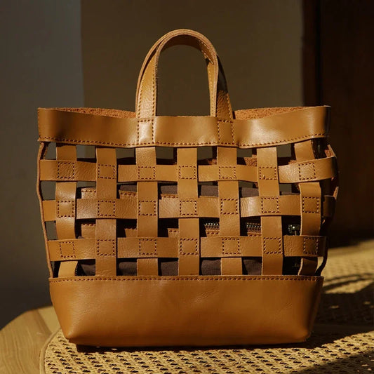 Handwoven Leather Checkerboard Tote Bag | Full Grain Cowhide Basket Crossbody