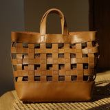 Handwoven Leather Checkerboard Tote Bag | Full Grain Cowhide Basket Crossbody