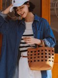 Handwoven Leather Checkerboard Tote Bag | Full Grain Cowhide Basket Crossbody
