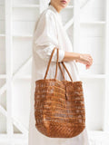 Handwoven Leather Tote Bag | Full Grain Cowhide Open Weave Shoulder Bag | Large Basket Tote | Boho Leather Handbag