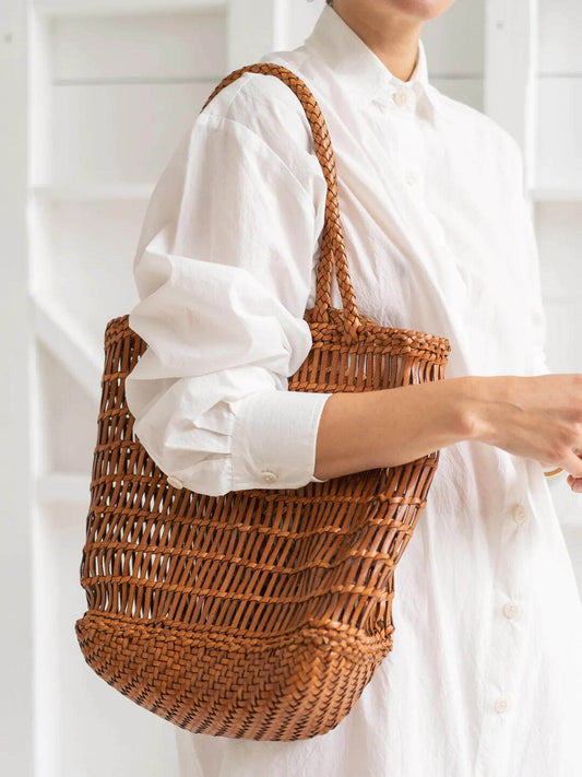 Handwoven Leather Tote Bag | Full Grain Cowhide Open Weave Shoulder Bag | Large Basket Tote | Boho Leather Handbag