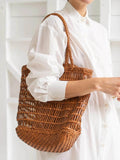Handwoven Leather Tote Bag | Full Grain Cowhide Open Weave Shoulder Bag | Large Basket Tote | Boho Leather Handbag