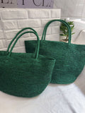 Handwoven raffia tote bag full back view – natural straw structured beach bag reinforced base
