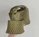 Handwoven Vegan Leather Mini Bucket Bag, Leather Basket Handbag + Crossbody Chain (20+ Colours)