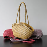 Handwoven Vegetable-Tanned Leather Basket Bag for Women|Full Grain Cowhide Woven Tote with Braided Handle & Drawstring Liner | Spring Summer Shoulder Bag