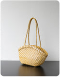 Handwoven Vegetable-Tanned Leather Basket Bag for Women|Full Grain Cowhide Woven Tote with Braided Handle & Drawstring Liner | Spring Summer Shoulder Bag