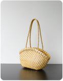 Handwoven Vegetable-Tanned Leather Basket Bag for Women|Full Grain Cowhide Woven Tote with Braided Handle & Drawstring Liner | Spring Summer Shoulder Bag