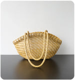 Handwoven Vegetable-Tanned Leather Basket Bag for Women|Full Grain Cowhide Woven Tote with Braided Handle & Drawstring Liner | Spring Summer Shoulder Bag