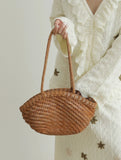 Handwoven Vegetable-Tanned Leather Basket Bag for Women|Full Grain Cowhide Woven Tote with Braided Handle & Drawstring Liner | Spring Summer Shoulder Bag