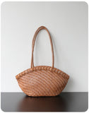 Handwoven Vegetable-Tanned Leather Basket Bag for Women|Full Grain Cowhide Woven Tote with Braided Handle & Drawstring Liner | Spring Summer Shoulder Bag