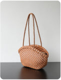 Handwoven Vegetable-Tanned Leather Basket Bag for Women|Full Grain Cowhide Woven Tote with Braided Handle & Drawstring Liner | Spring Summer Shoulder Bag