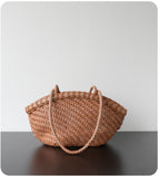 Handwoven Vegetable-Tanned Leather Basket Bag for Women|Full Grain Cowhide Woven Tote with Braided Handle & Drawstring Liner | Spring Summer Shoulder Bag
