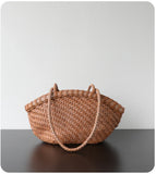 Handwoven Vegetable-Tanned Leather Basket Bag for Women|Full Grain Cowhide Woven Tote with Braided Handle & Drawstring Liner | Spring Summer Shoulder Bag