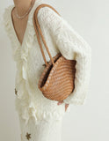 Handwoven Vegetable-Tanned Leather Basket Bag for Women|Full Grain Cowhide Woven Tote with Braided Handle & Drawstring Liner | Spring Summer Shoulder Bag
