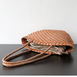 Handwoven Vegetable-Tanned Leather Basket Bag for Women|Full Grain Cowhide Woven Tote with Braided Handle & Drawstring Liner | Spring Summer Shoulder Bag
